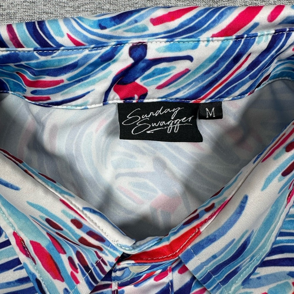 Sunday Swagger Polo Shirt Mens Medium Blue Red Surfer Ocean Print Stretch Golf - Picture 8 of 9